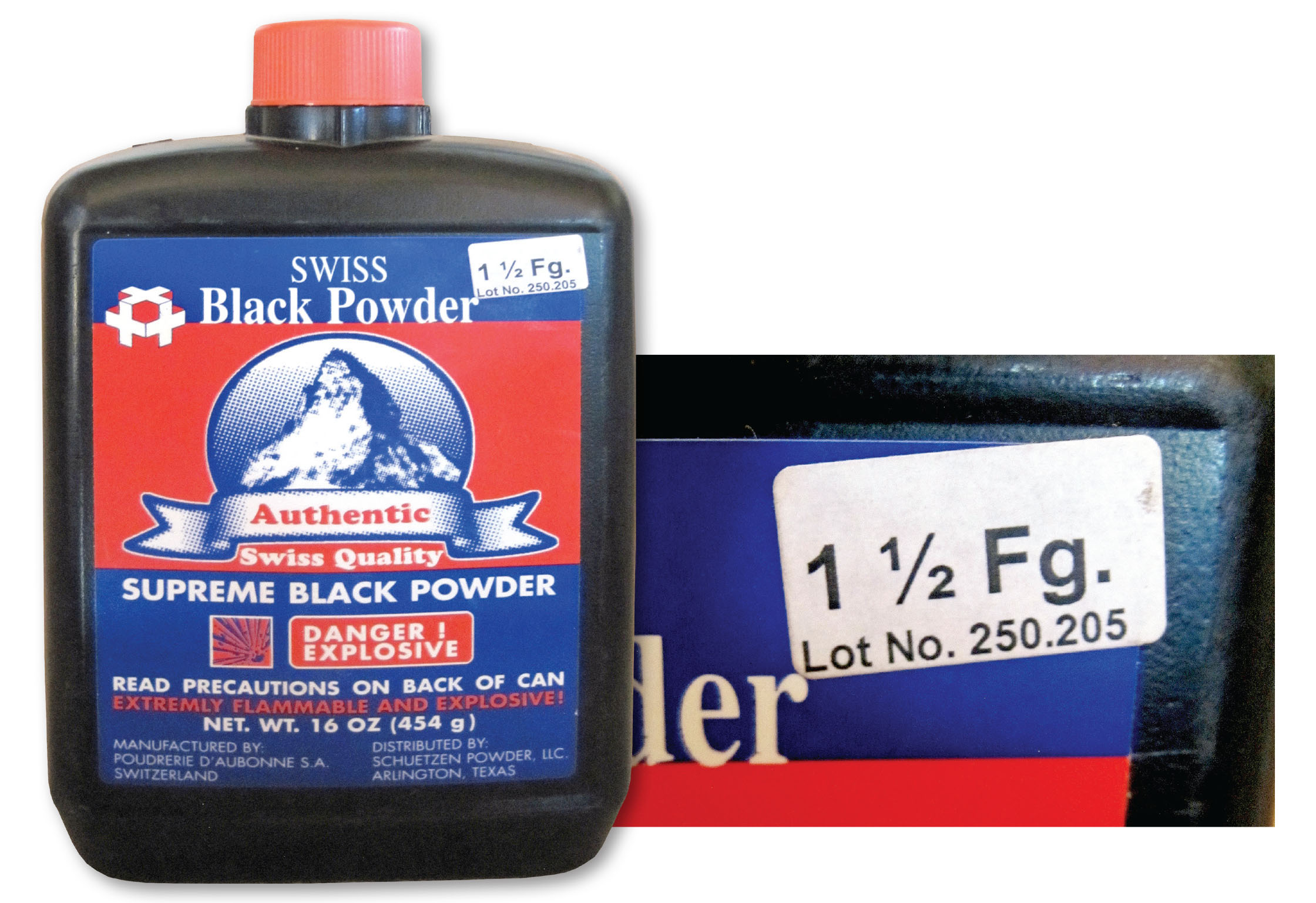 The lot number includes date of manufacture (25th of February 2005)  on a can of Swiss 1½ Fg black powder.